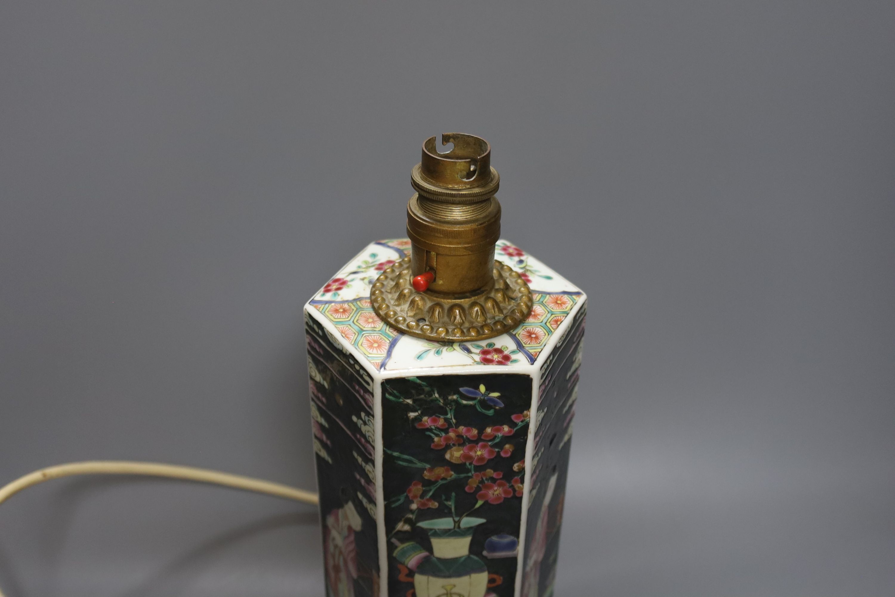 A Chinese famille noire hexagonal vase, later mounted as a lamp, total height 33.5cm